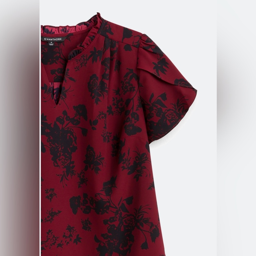 Burgundy Blouse with Black Floral Print - Picture 3 of 6
